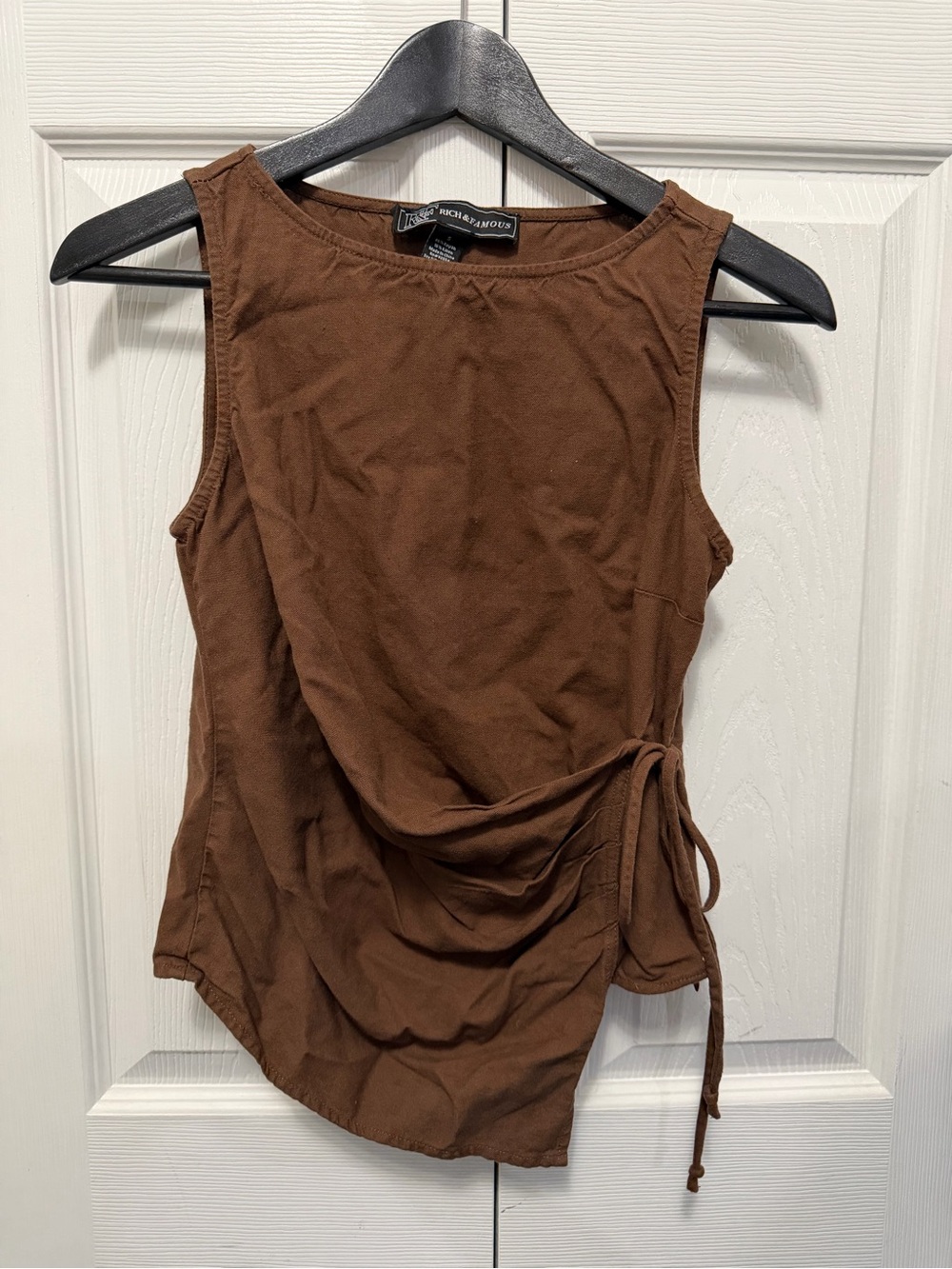 Linen-like Brown Sleeveless Side-Tie Women’s Top